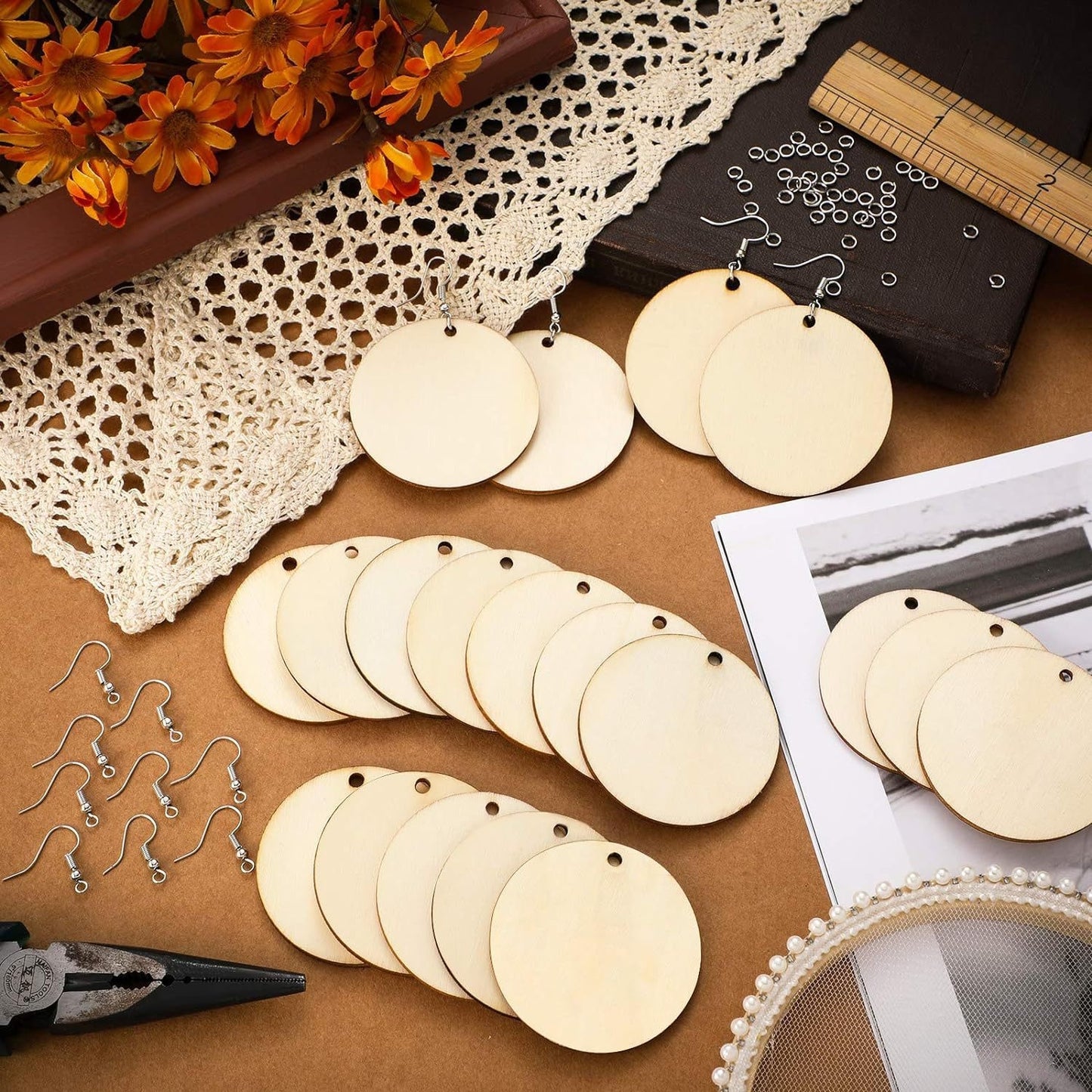 1 Set 5mm Wooden Round Hook Earring Findings DIY Kit - 200pcs Unfinished Blank Earrings Pendants