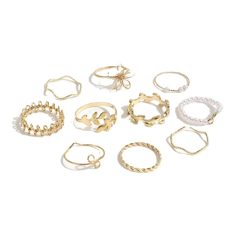 Elegant Bohemian Floral Leaf Vine Pearl Ring Set - 10 Pieces