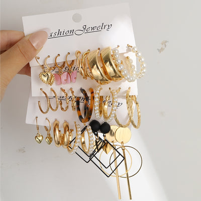 Elegant Retro Heart & Geometric Pearl Leopard Earrings Set - 15 Pieces Gold Tone