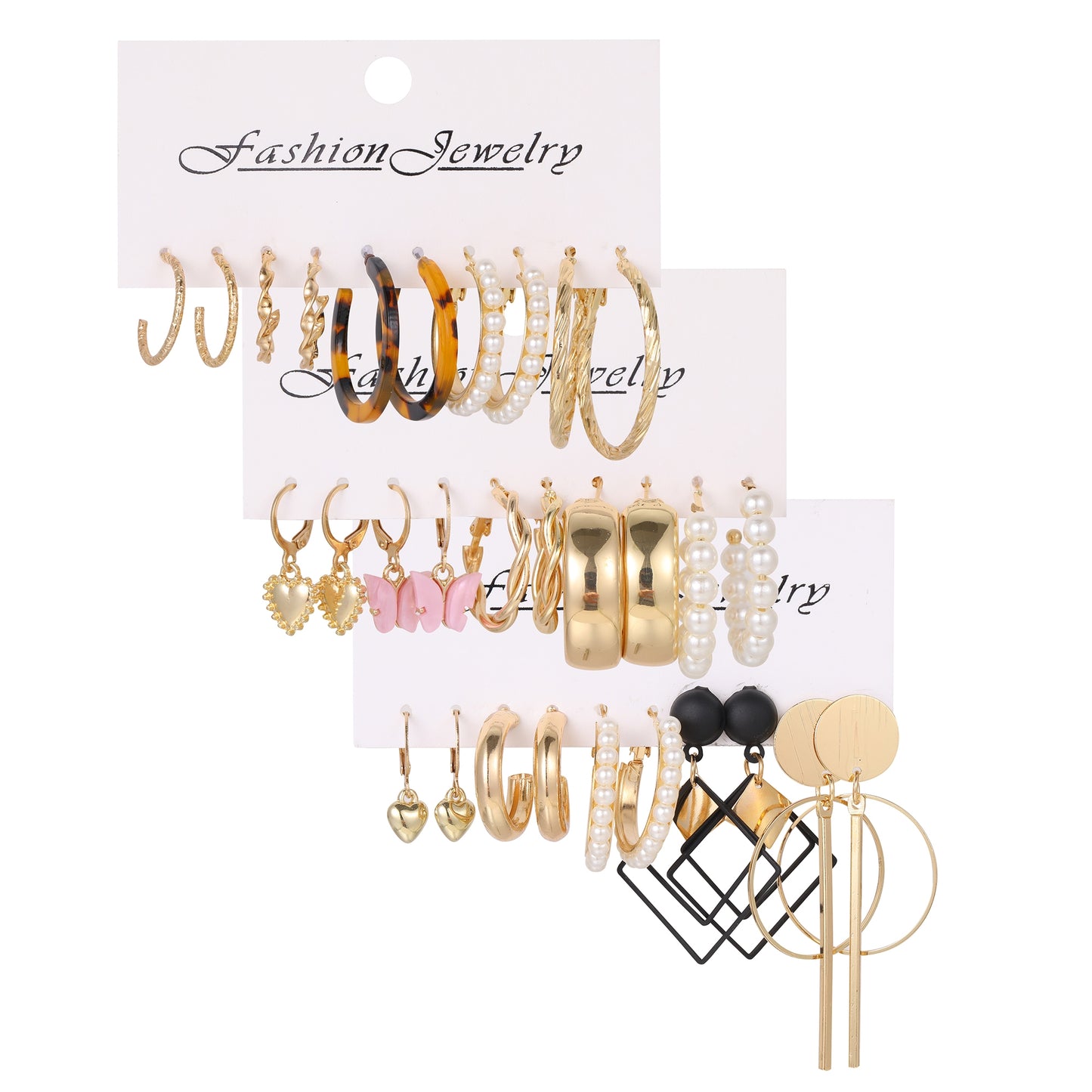 Elegant Retro Heart & Geometric Pearl Leopard Earrings Set - 15 Pieces Gold Tone