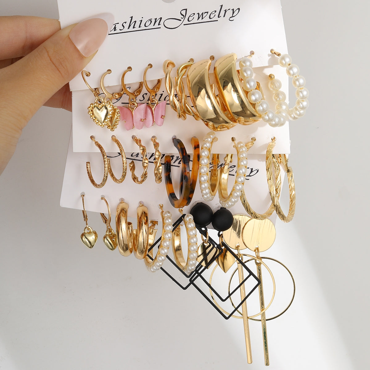 Elegant Retro Heart & Geometric Pearl Leopard Earrings Set - 15 Pieces Gold Tone