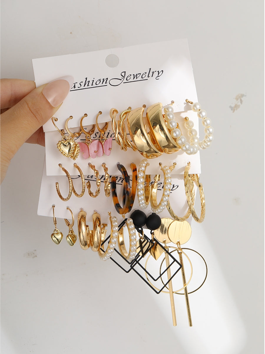 Elegant Retro Heart & Geometric Pearl Leopard Earrings Set - 15 Pieces Gold Tone