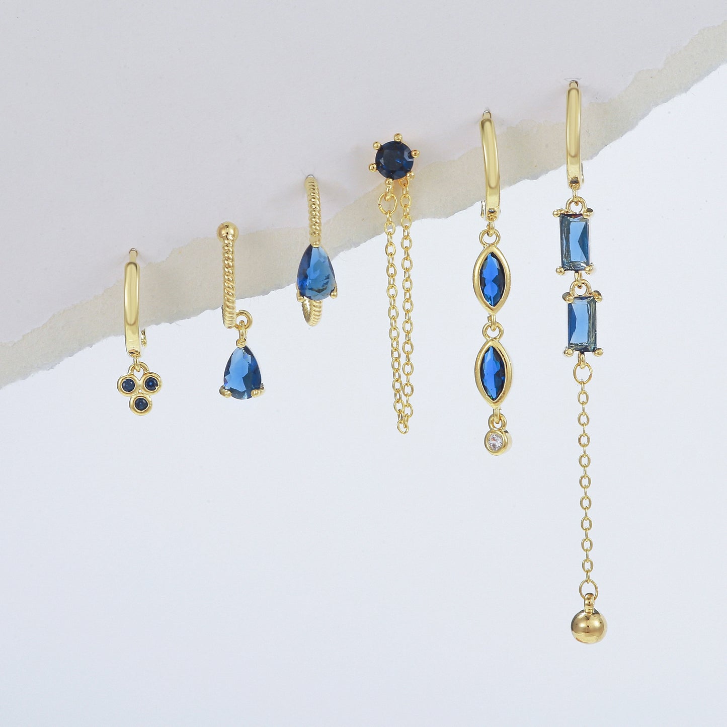 Elegant Geometric Tassel Blue Zircon 18k Gold Plated Drop Earrings Set