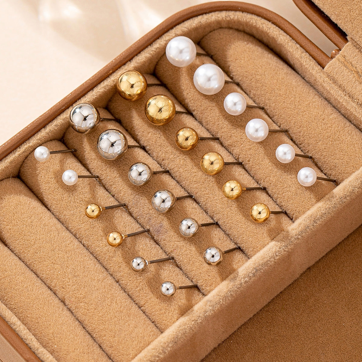 Elegant Round Bead Stud Earrings Set - 12 Pairs Fashionable and Versatile Accessories