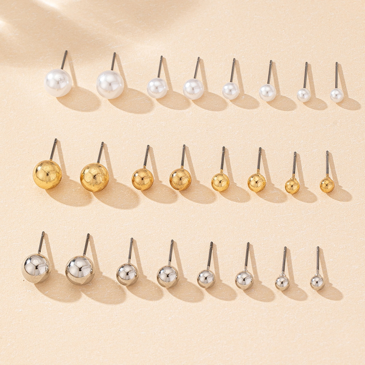 Elegant Round Bead Stud Earrings Set - 12 Pairs Fashionable and Versatile Accessories