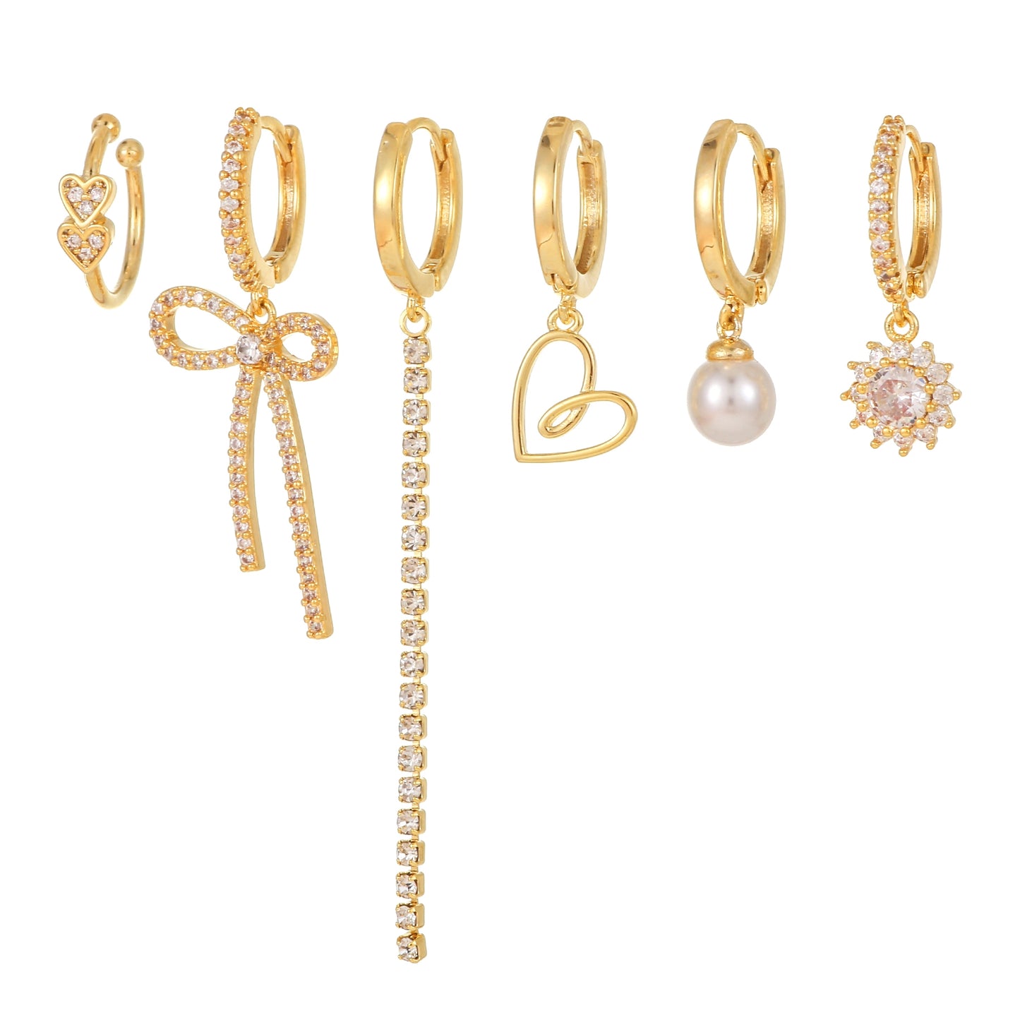 Elegant Asymmetrical Heart Tassel Zircon Pearl Earrings Set - 18k Gold Plated