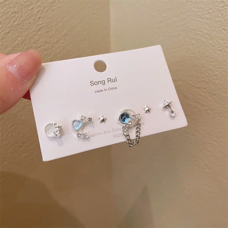 Elegant Geometric Star and Heart Zircon Stud Earrings Set in S925 Silver