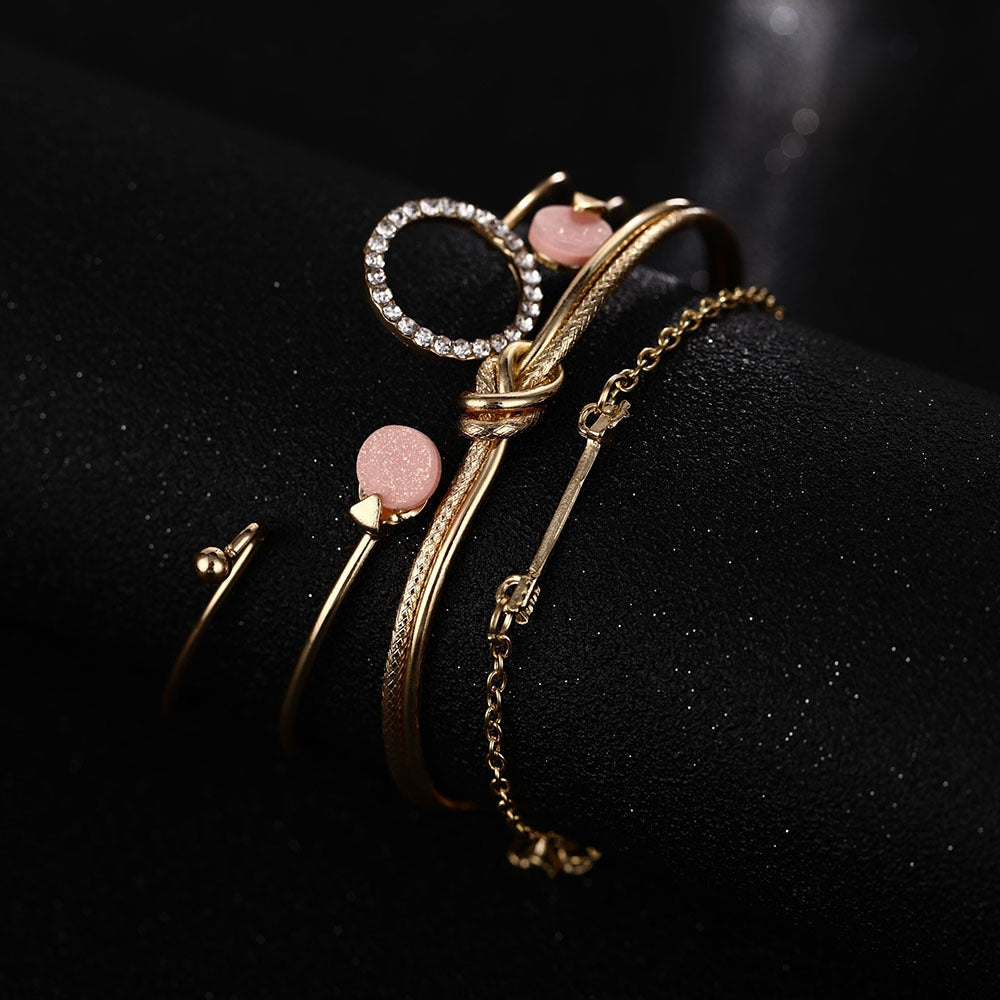 Fashion Geometric Rhinestone Knotted Circle Arrow Bracelet Set for Women