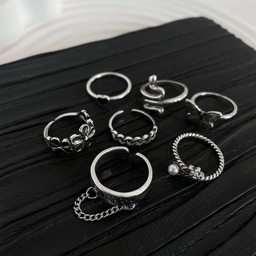 Fashion Heart & Animal Design Alloy Ring Set - 7 Pieces