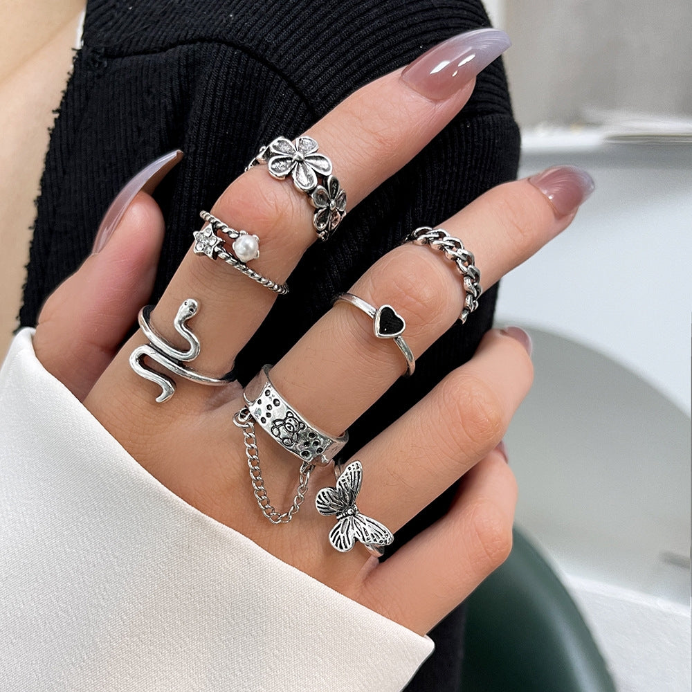 Fashion Heart & Animal Design Alloy Ring Set - 7 Pieces