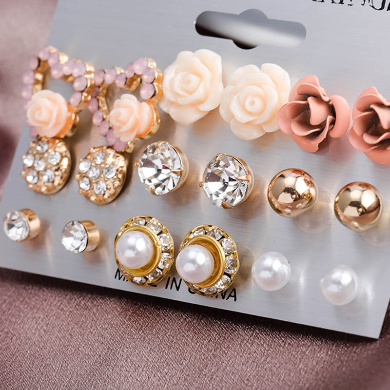 1 Set Fashion Heart Shape Rose Gold Plated Alloy Earrings with Artificial Pearls and Rhinestones - 9 Pairs Women's Studs Set