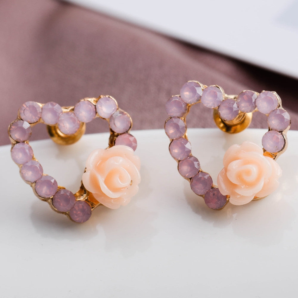 1 Set Fashion Heart Shape Rose Gold Plated Alloy Earrings with Artificial Pearls and Rhinestones - 9 Pairs Women's Studs Set