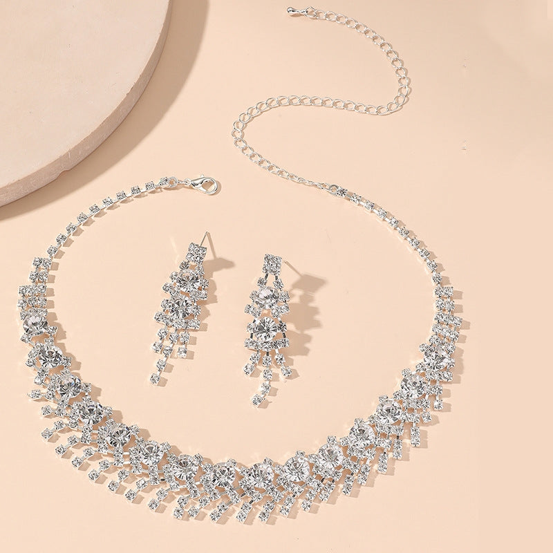 Fashion Geometric Rhinestone Tassel Pearl Necklace and Earrings Set for Women