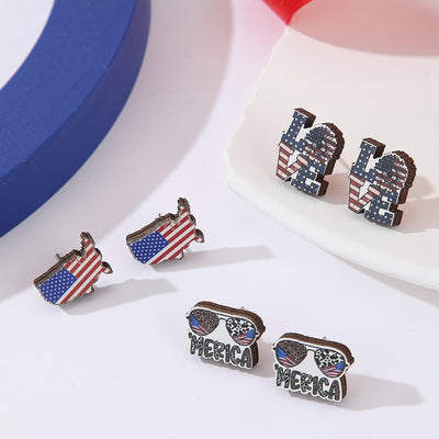 1 Set Hip-Hop Love Letter American Flag Wood Ear Studs