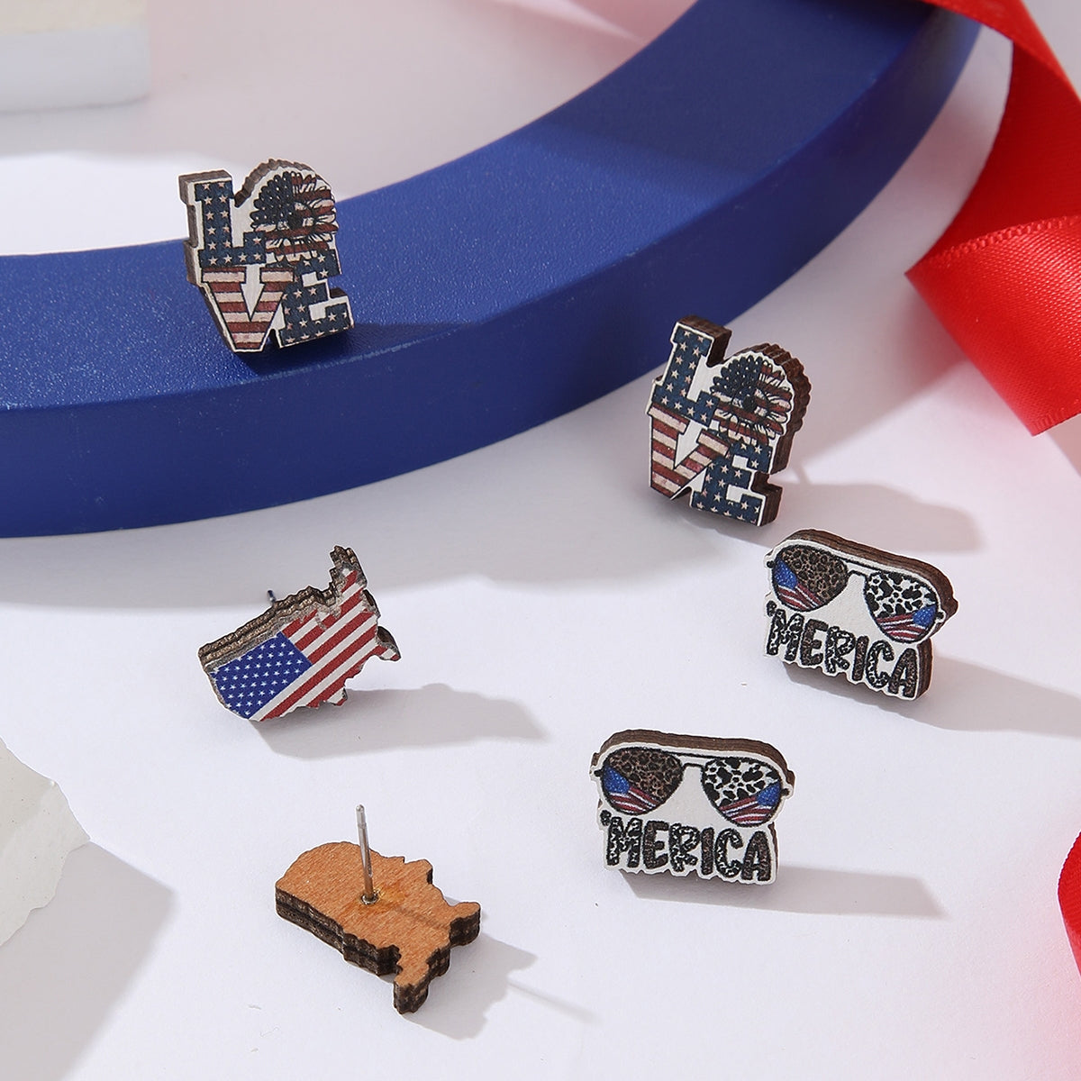 1 Set Hip-Hop Love Letter American Flag Wood Ear Studs