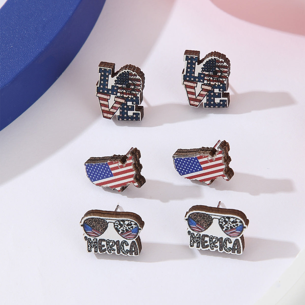 1 Set Hip-Hop Love Letter American Flag Wood Ear Studs