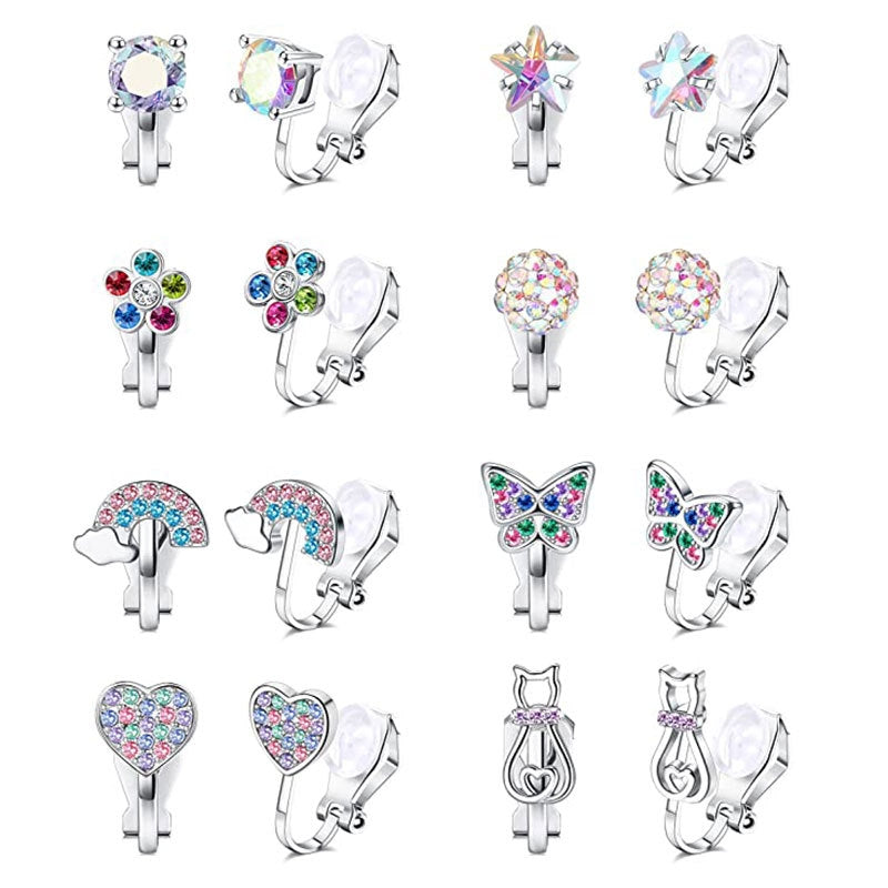 IG Style Rainbow Flower & Butterfly Rhinestone Ear Cuffs - Unicorn & Cat Heart Design for Kids