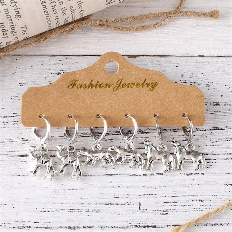 Simple Style Animal Zinc Alloy Drop Earrings Set - Giraffe, Elephant, Wolf Pendants