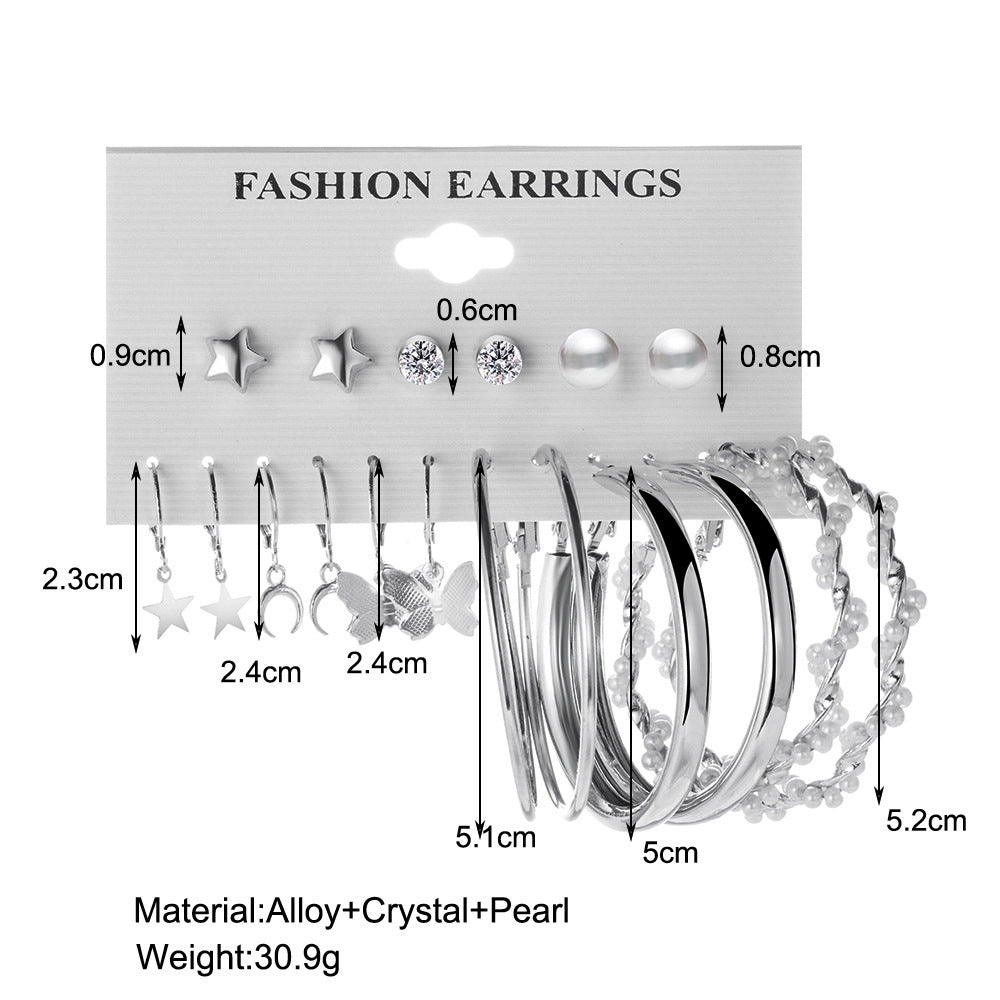 Butterfly Pearl Zircon Alloy Drop Earrings Set - 9 Pairs Silver Star Moon Design