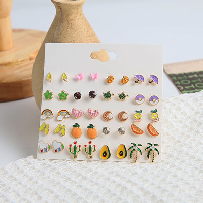 Set of Colorful Enamel Butterfly and Cactus Fruit Stud Earrings - 20 Pairs Cartoon Rainbow Avocado Design