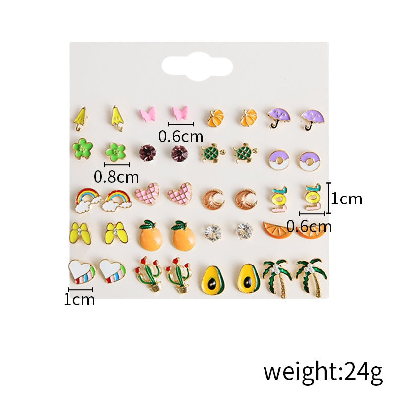 Set of Colorful Enamel Butterfly and Cactus Fruit Stud Earrings - 20 Pairs Cartoon Rainbow Avocado Design