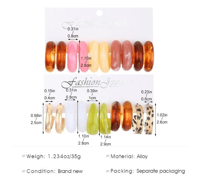 Set of 5 Colorful C-Shaped Acrylic Earrings