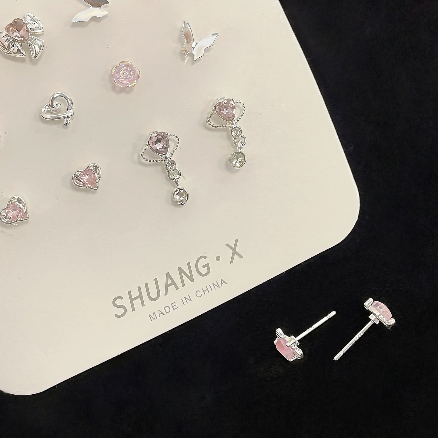 1 Set Heart Shape Flower Bow Knot Alloy Gemstone Ear Studs with Aurora Pink Diamond and Planet Pendant