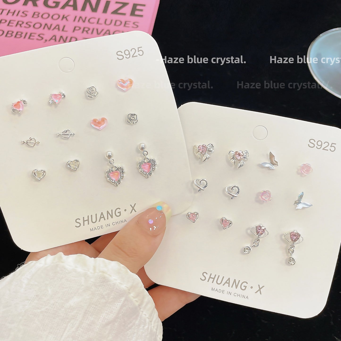 1 Set Heart Shape Flower Bow Knot Alloy Gemstone Ear Studs with Aurora Pink Diamond and Planet Pendant