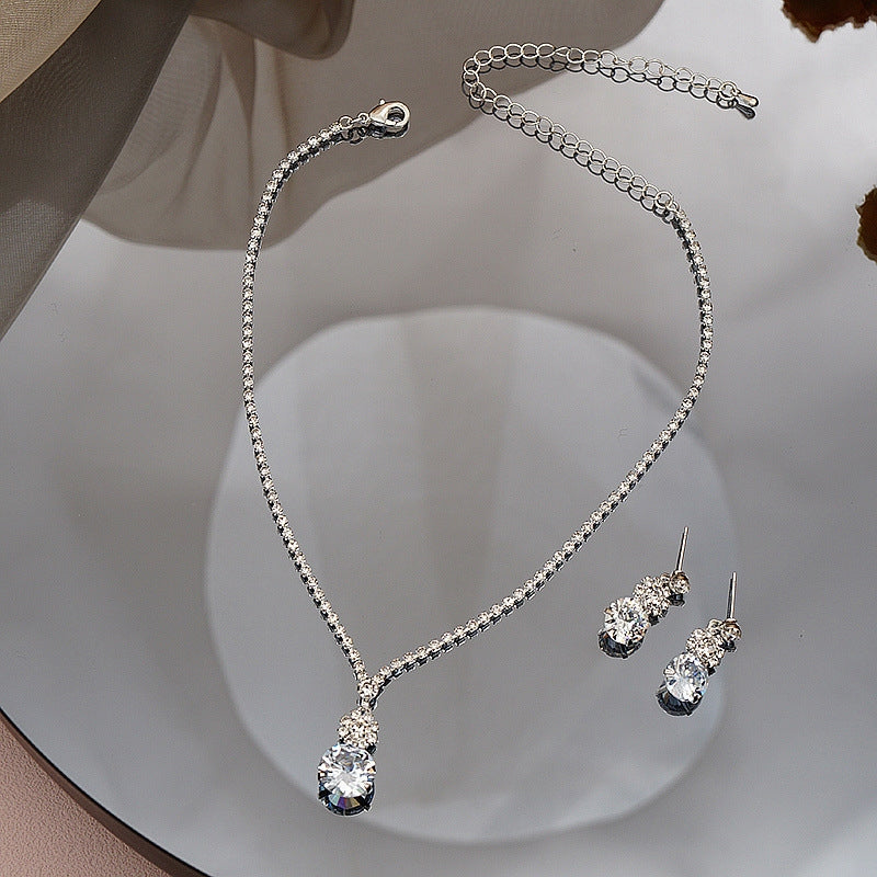 Simple Geometric Zircon Necklace and Round Rhinestone Earrings Set for Women