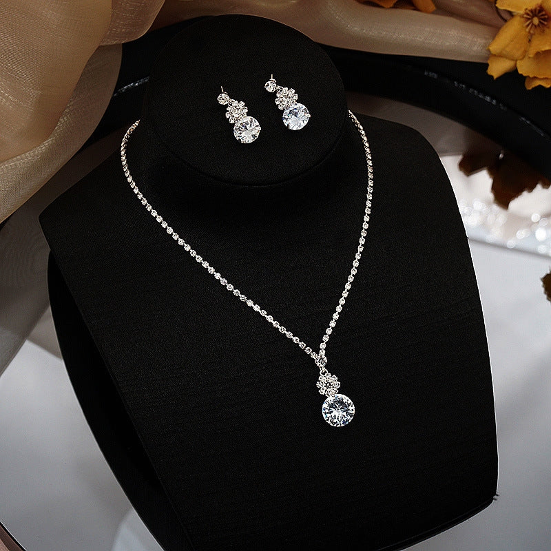 Simple Geometric Zircon Necklace and Round Rhinestone Earrings Set for Women