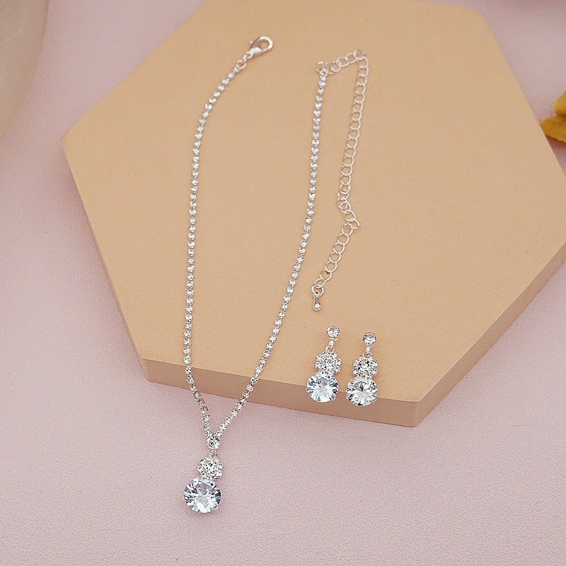 Simple Geometric Zircon Necklace and Round Rhinestone Earrings Set for Women