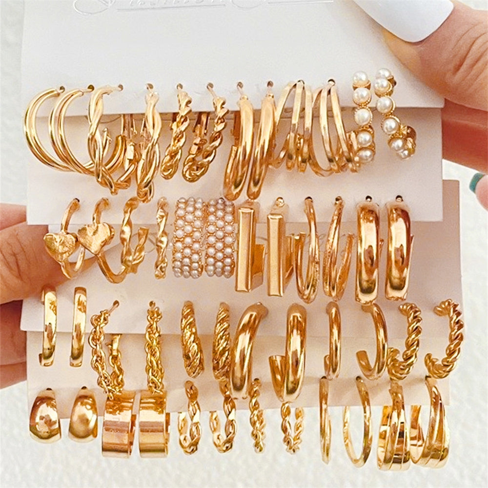 1 Set Minimalist Alloy Gem Drop Earrings & 24 Pairs Twisted Metal Hoop Earrings Set