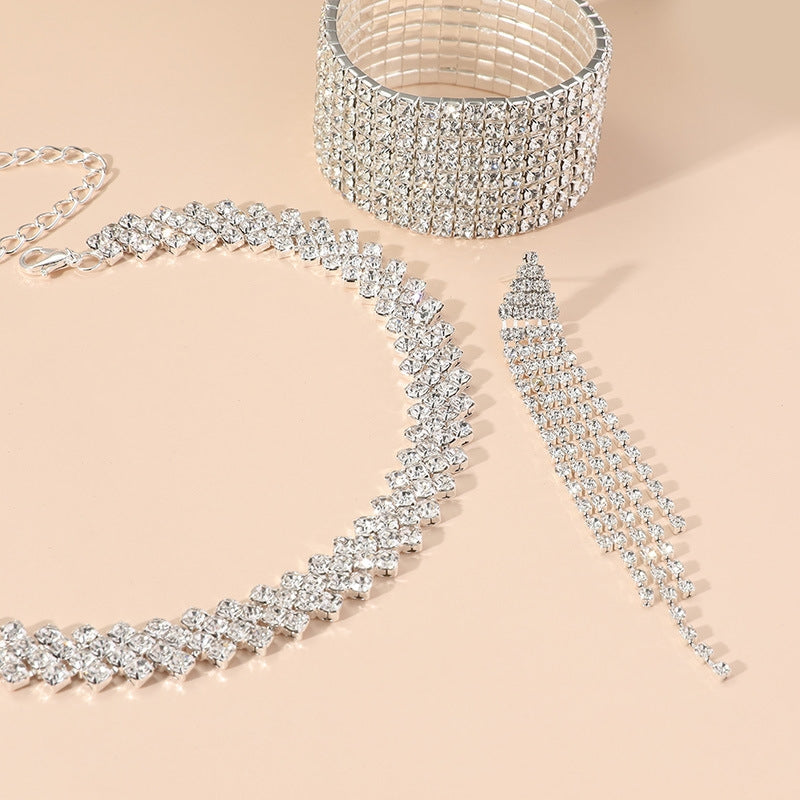 Simple Tassel Rhinestone Jewelry Set: Necklace, Bracelet, and Earrings