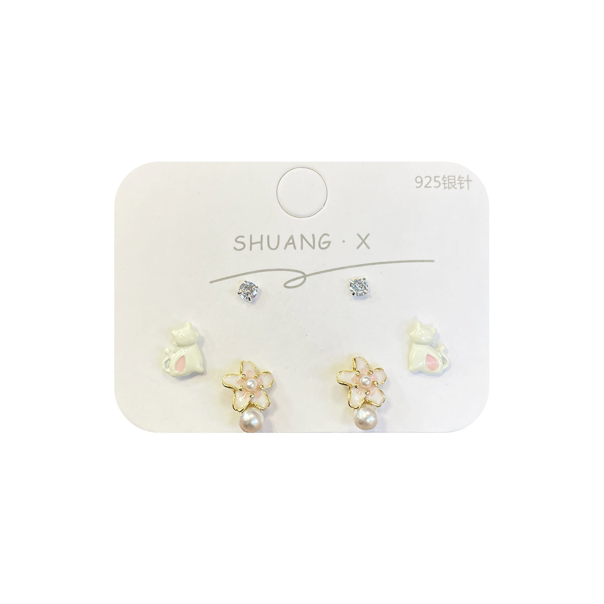 Sweet Floral Enamel Alloy Stud Earrings Set with Zirconia Cat Design