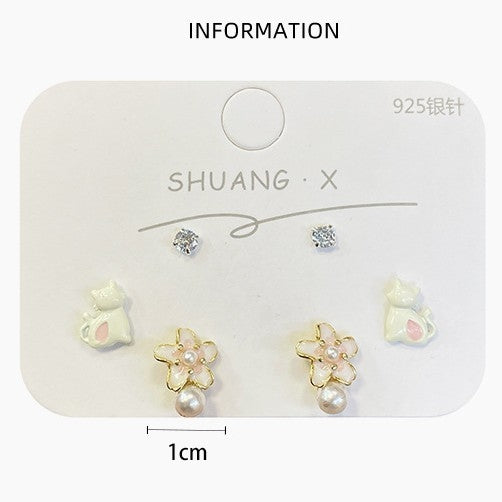 Sweet Floral Enamel Alloy Stud Earrings Set with Zirconia Cat Design