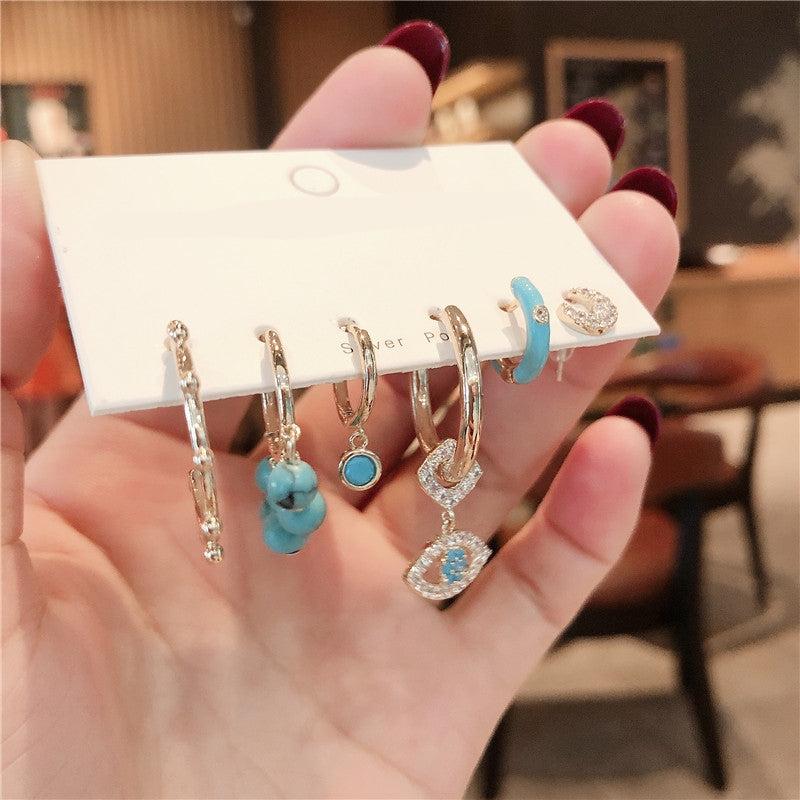 Vintage Devil's Eye Zircon Drop Earrings Set with Turquoise Studs and Hoops