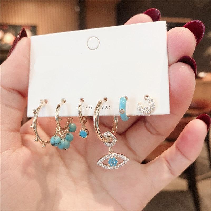 Vintage Devil's Eye Zircon Drop Earrings Set with Turquoise Studs and Hoops