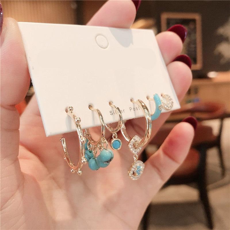 Vintage Devil's Eye Zircon Drop Earrings Set with Turquoise Studs and Hoops