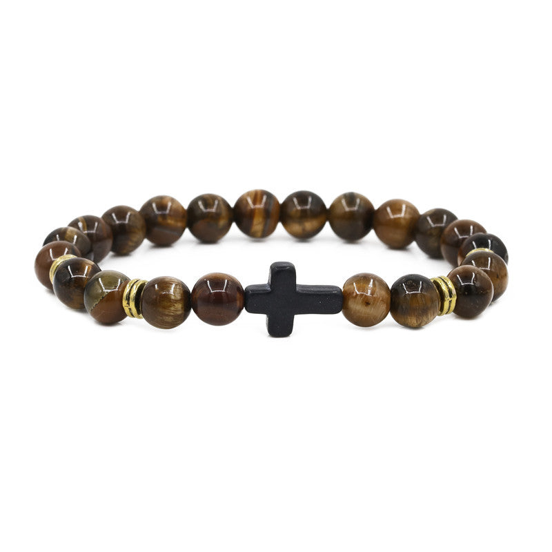 Alloy Cross Bracelet with Turquoise Tiger's Eye and Volcanic Stone Beads