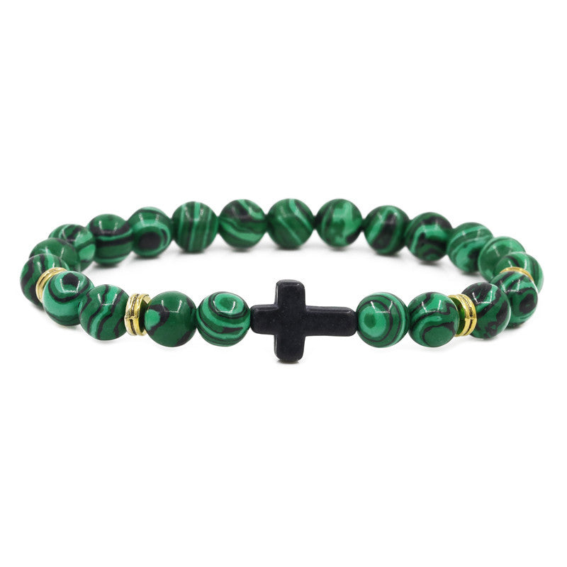 Alloy Cross Bracelet with Turquoise Tiger's Eye and Volcanic Stone Beads