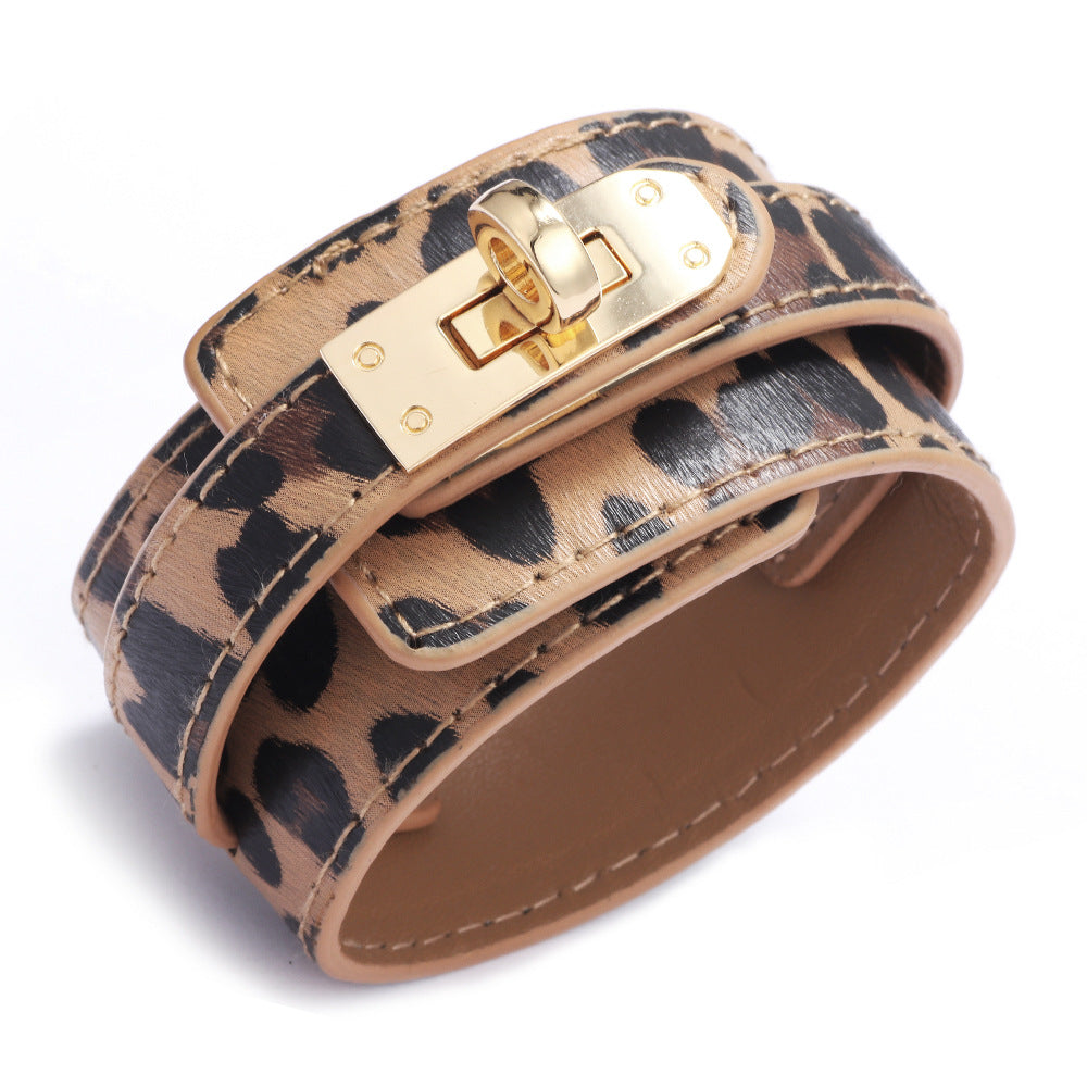 Ins Style Solid Color PU Leather Alloy Bangle - European and American Fashion Wide Leather Bracelet