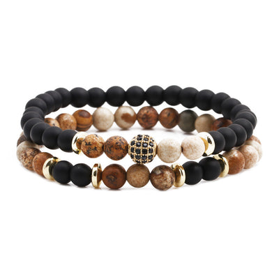 Copper Geometric Tiger Eye Bracelet with Zircon Bead Double Layer