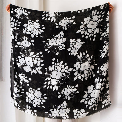 Black and White Printed Cotton Linen Long Scarf Shawl