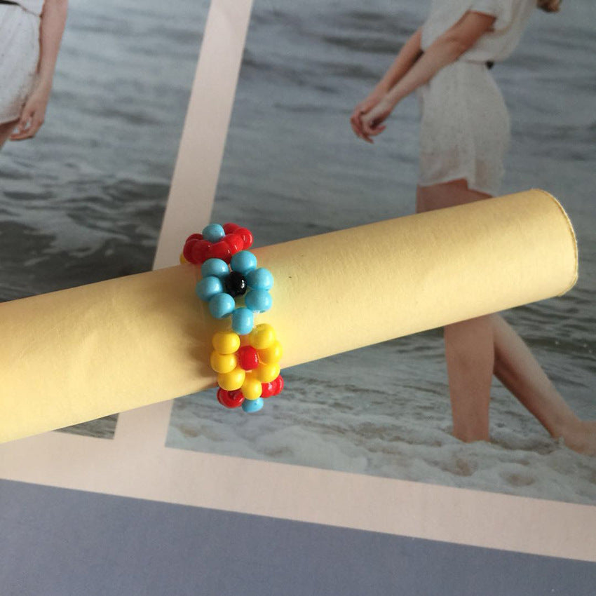 Pastoral Floral Seed Bead Handmade Women's Rings - Colorful Beaded Flower Design