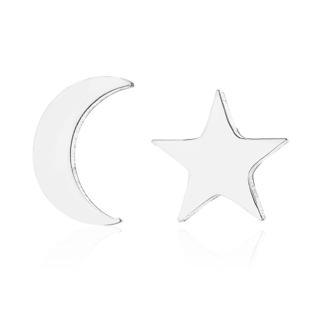 Fashion Star Moon Stainless Steel Asymmetrical Plating Ear Studs 1 Pair