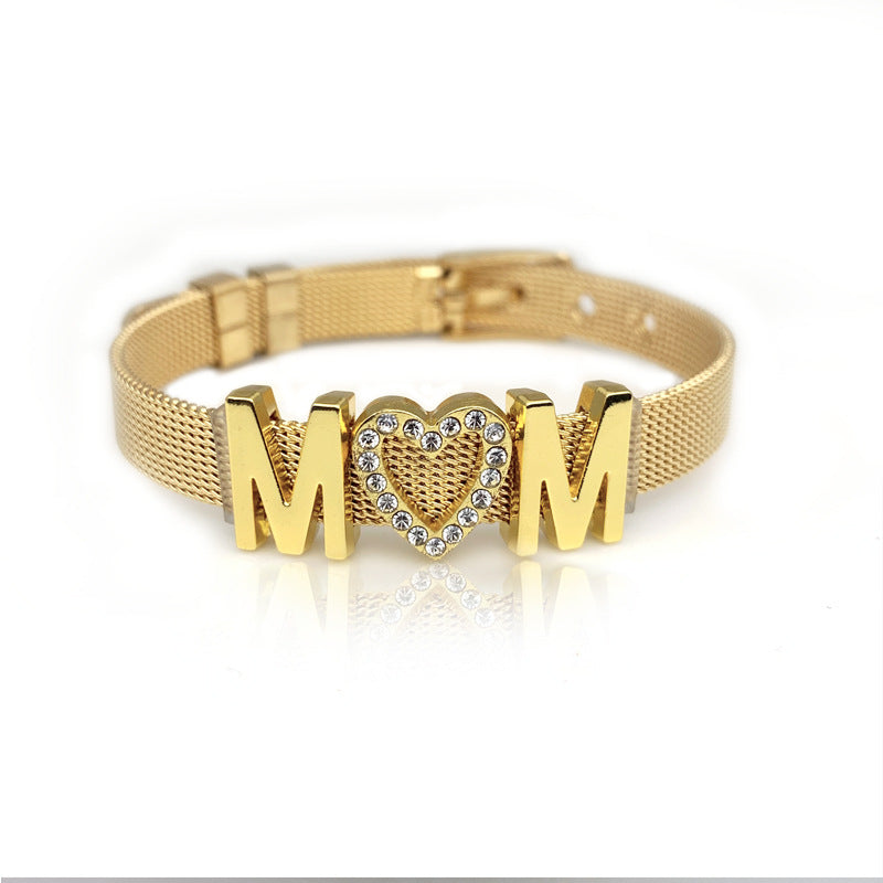 Mama Stainless Steel Rhinestone Inlay Mesh Bracelet - Multicolor Titanium Watch Band Mother's Day Gift