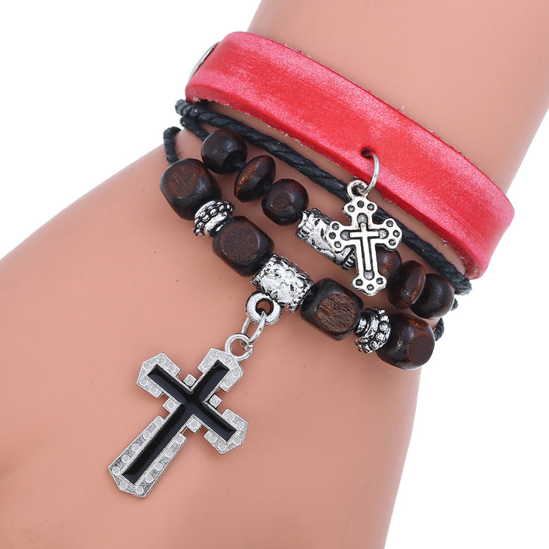 Vintage Geometric PU Leather Beaded Cross Cowhide Bracelet