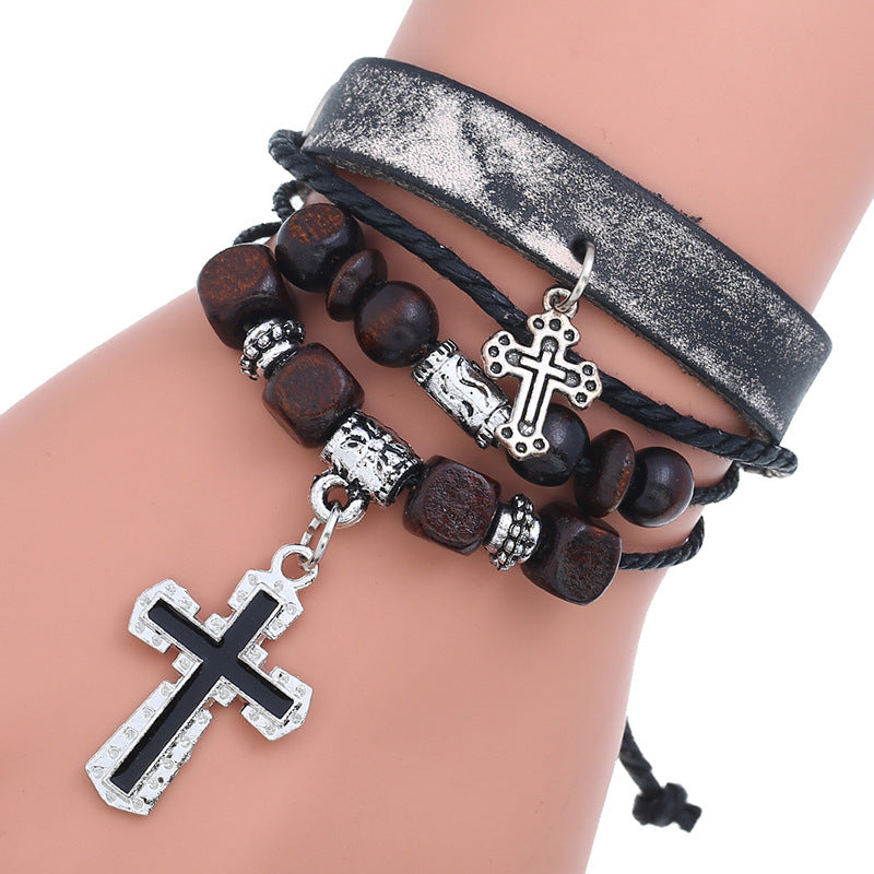 Vintage Geometric PU Leather Beaded Cross Cowhide Bracelet