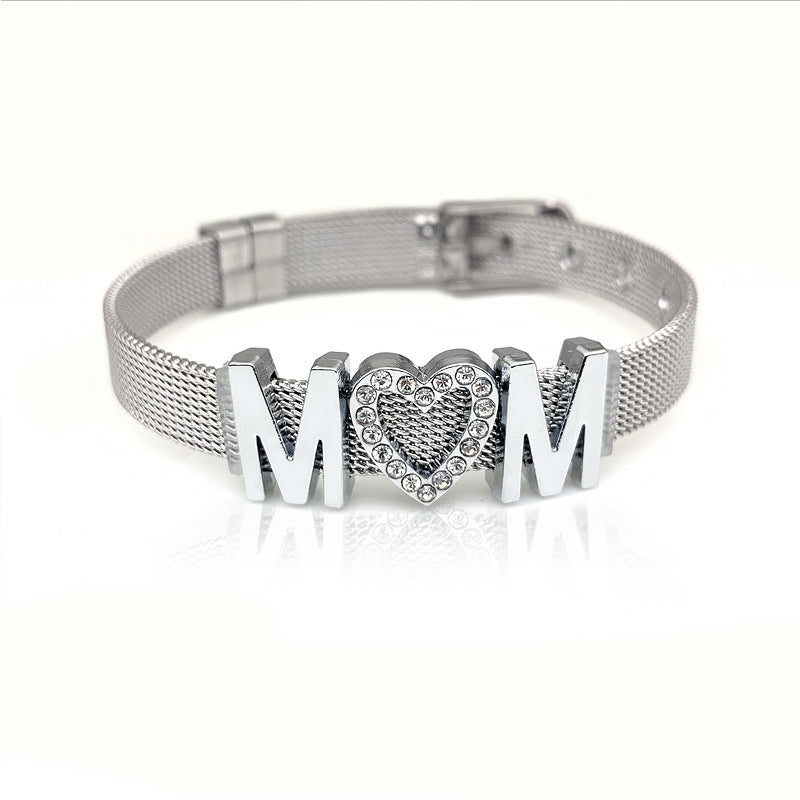 Mama Stainless Steel Rhinestone Inlay Mesh Bracelet - Multicolor Titanium Watch Band Mother's Day Gift