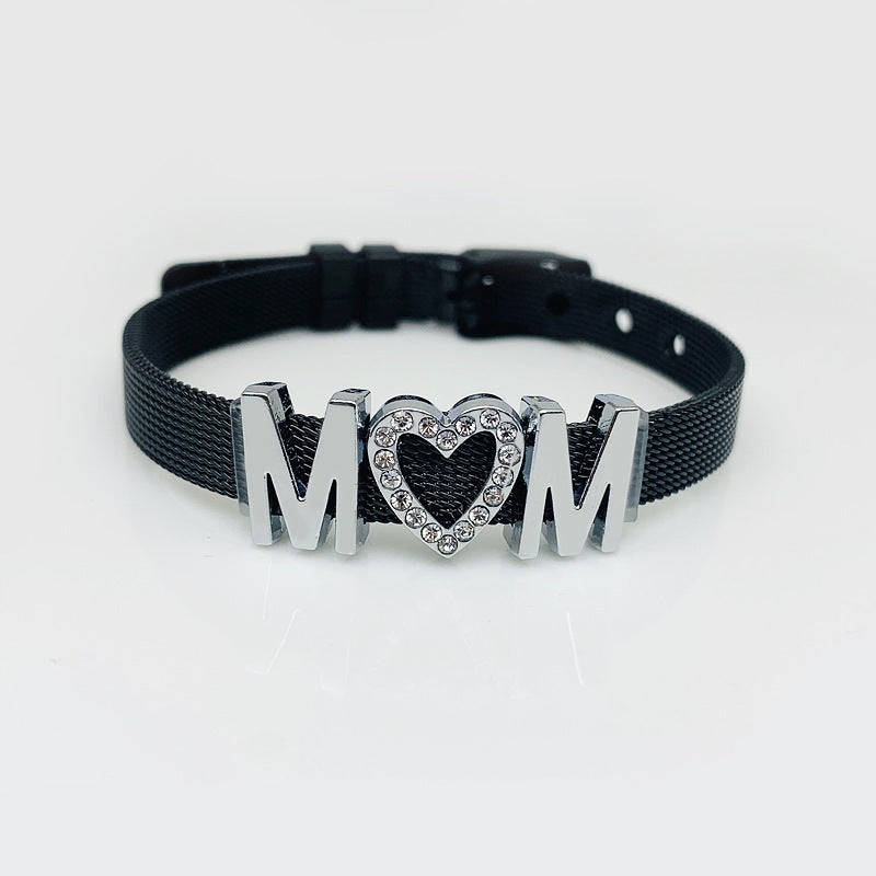 Mama Stainless Steel Rhinestone Inlay Mesh Bracelet - Multicolor Titanium Watch Band Mother's Day Gift